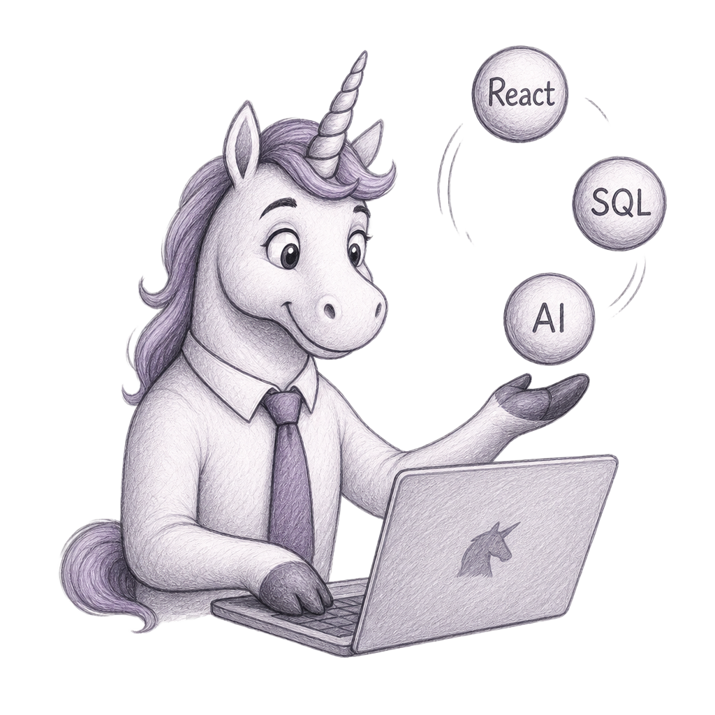 A purple unicorn coding at a laptop while juggling React, SQL, and AI skill balls